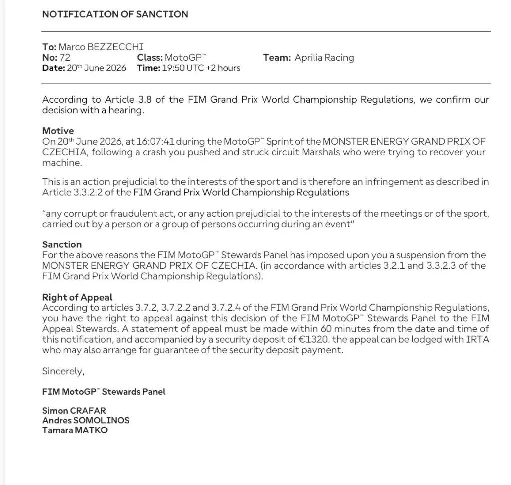 Pemimpin Klasemen MotoGP Marco Bezzecchi Diskors dari GP Ceko 3 Pemberitahuan-Sanksi-Marco-Bezzecchi